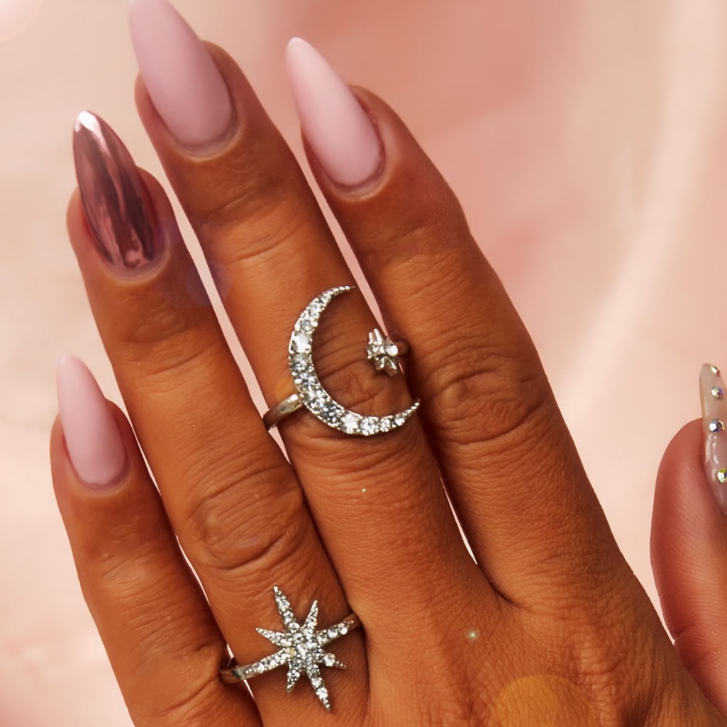 Gorgeous Two Ring Star Moon Silver Ring Set